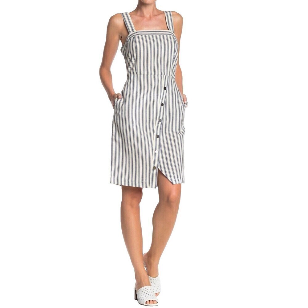 Sharagano Asymmetrical Button Striped Dress Blue Ivory Womens 10 Preppy Ret $119